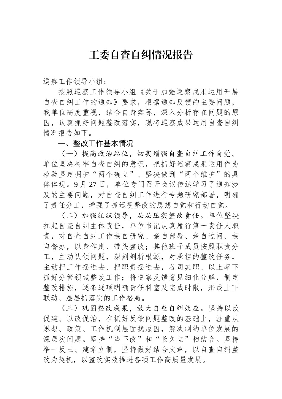 工委自查自纠情况报告.docx_第1页