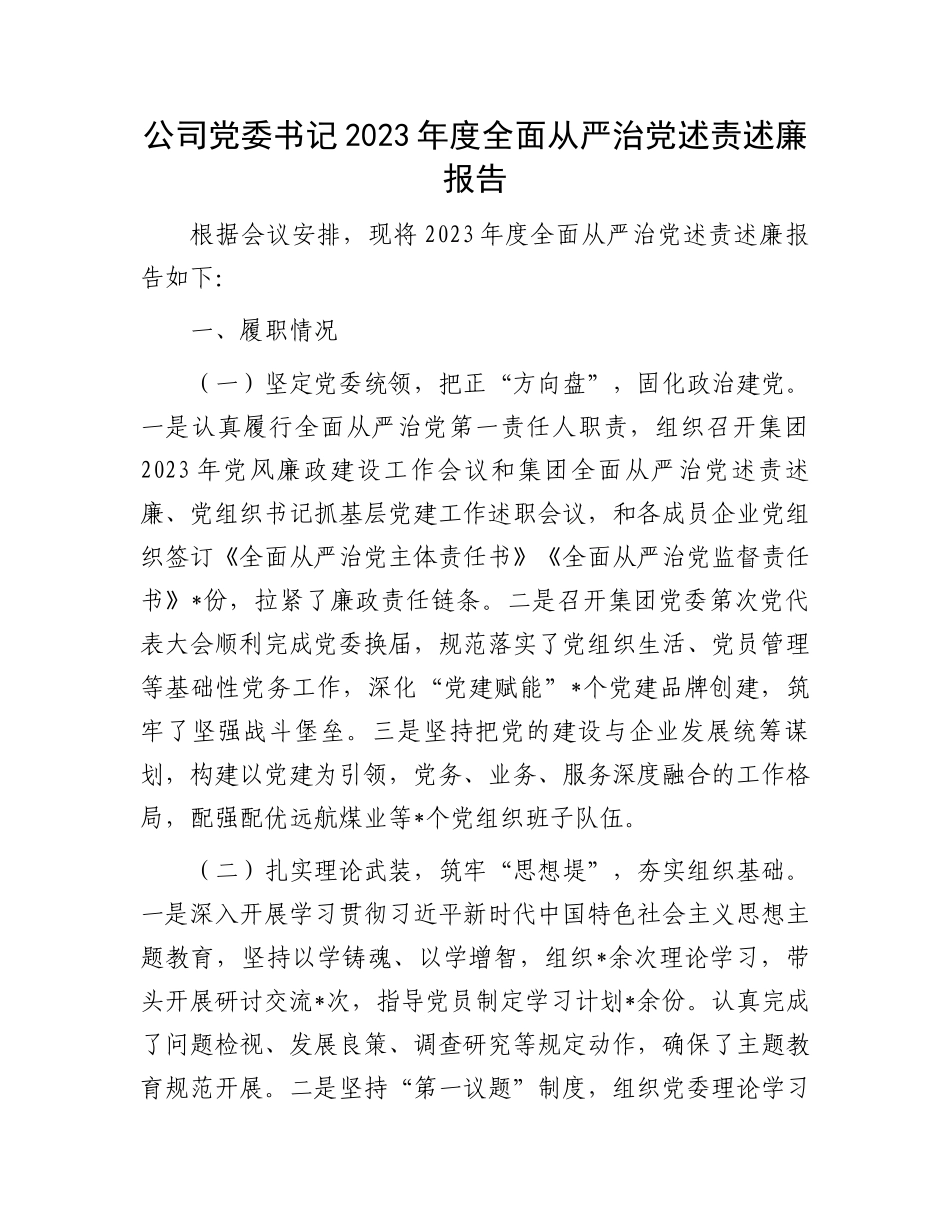 公司党委书记2023年度全面从严治党述责述廉报告.docx_第1页