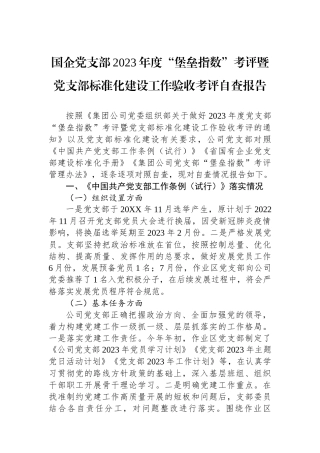 国企党支部2023年度“堡垒指数”考评暨党支部标准化建设工作验收考评自查报告.docx