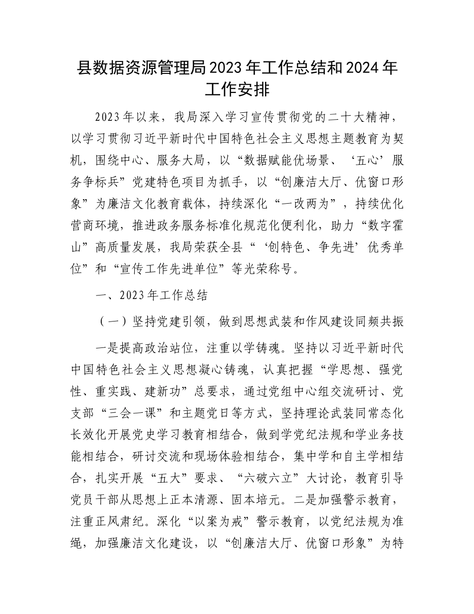 县数据资源管理局2023年工作总结和2024年工作安排.docx_第1页