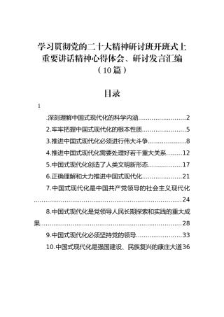 学习贯彻党的二十大精神研讨班开班式上重要讲话精神心得体会、研讨发言汇编（10篇）.docx