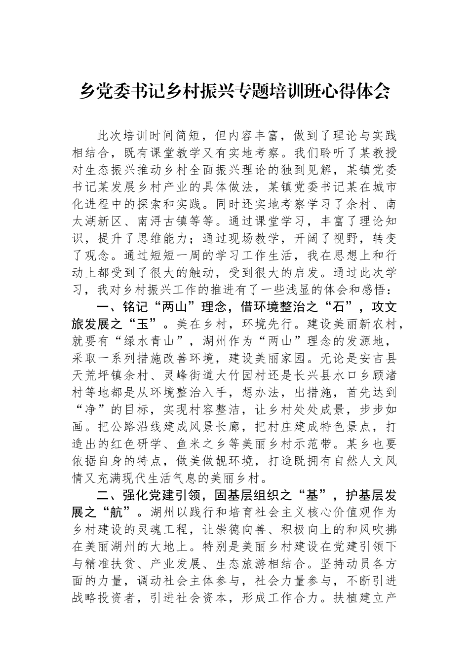 乡党委书记乡村振兴专题培训班心得体会.docx_第1页