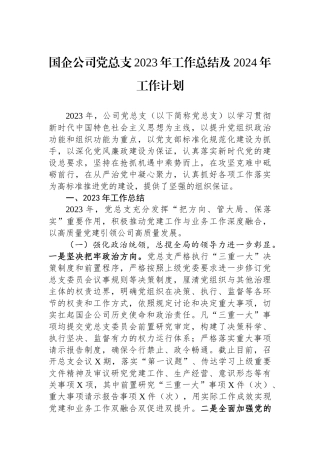 国企公司党总支2023年工作总结及2024年工作计划.docx