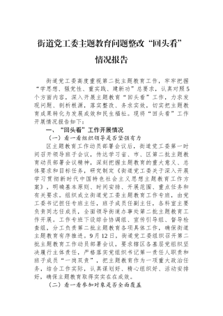 街道党工委主题教育问题整改“回头看”情况报告.docx