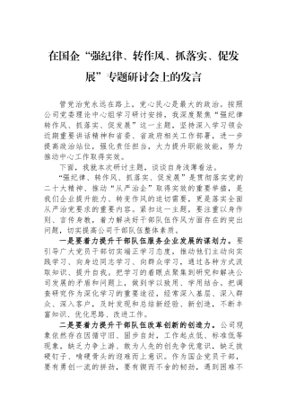 在国企“强纪律、转作风、抓落实、促发展”专题研讨会上的发言.docx