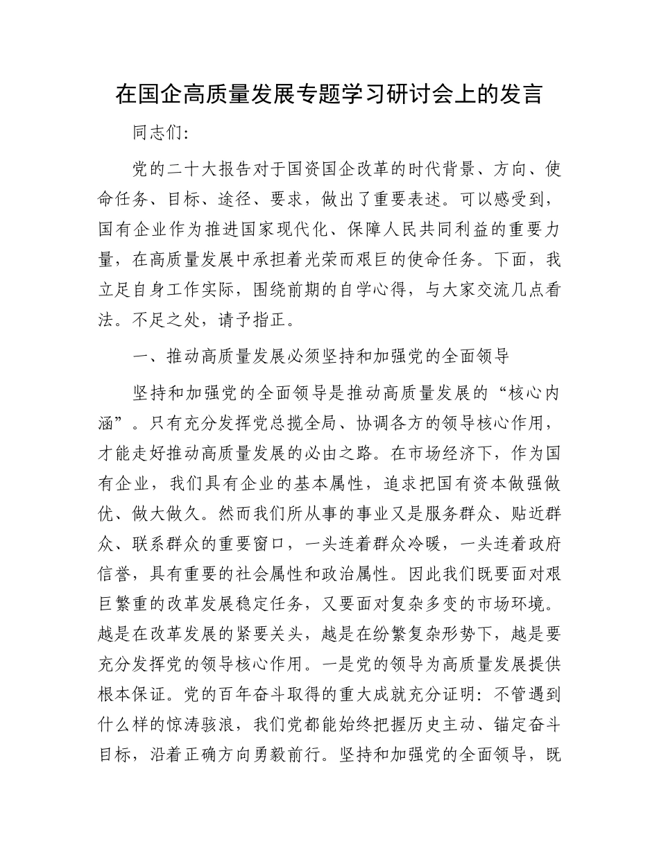 在国企高质量发展专题学习研讨会上的发言.docx_第1页