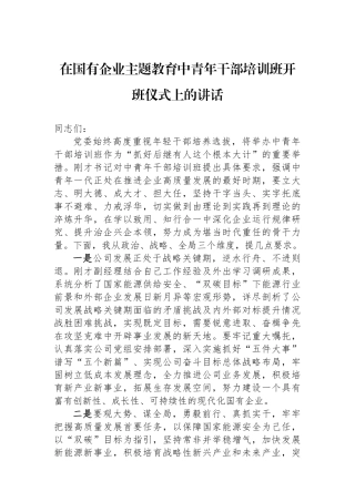 在国有企业主题教育中青年干部培训班开班仪式上的讲话.docx
