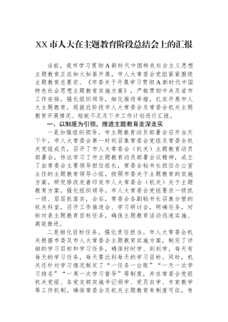 XX市人大在主题教育阶段总结会上的汇报.docx