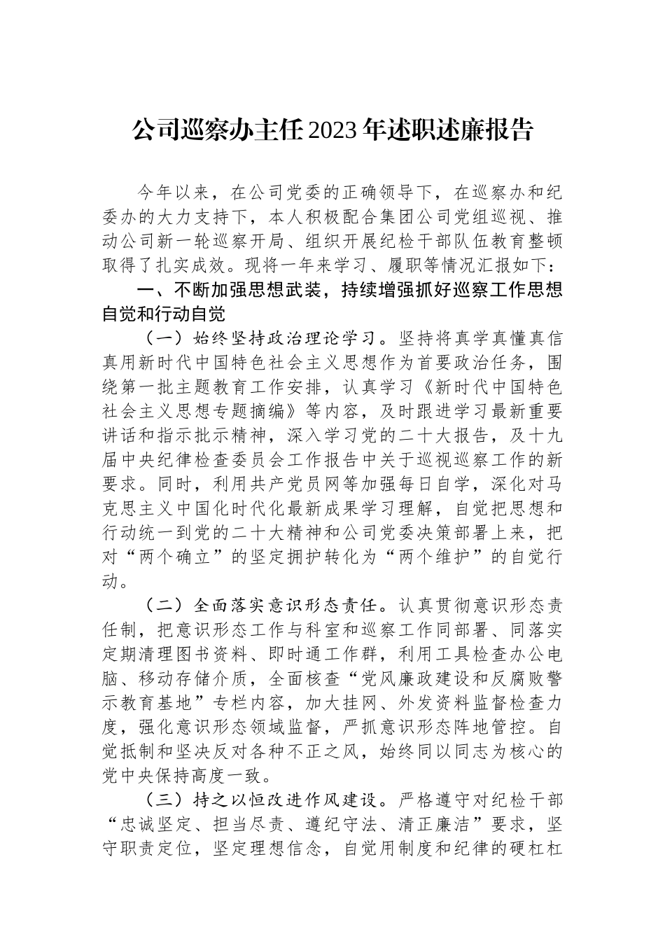 公司巡察办主任2023年述职述廉报告.docx_第1页