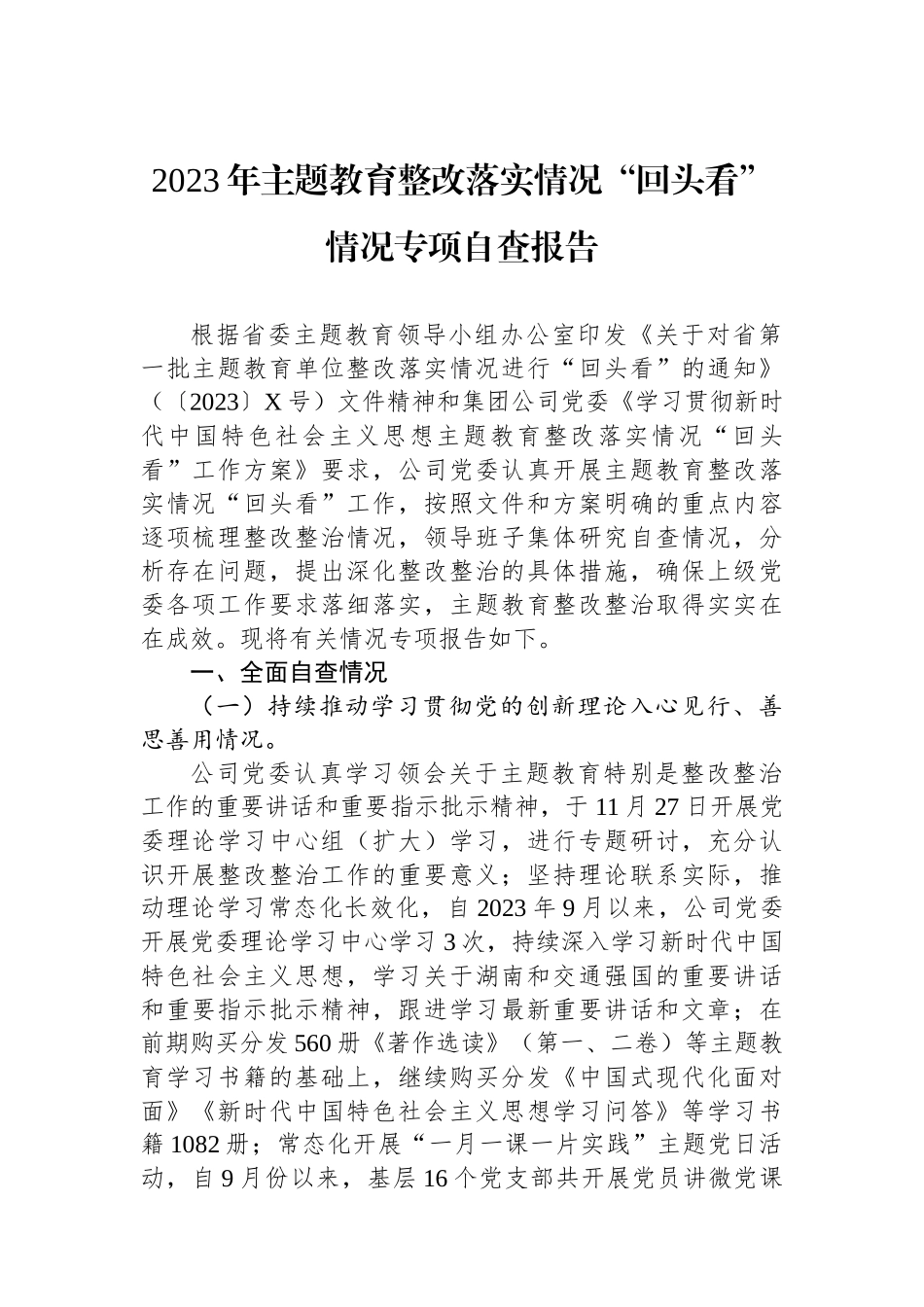 2023年主题教育整改落实情况“回头看”情况专项自查报告.docx_第1页