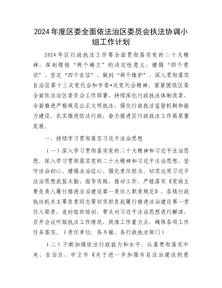 2024年度区委全面依法治区委员会执法协调小组工作计划.docx