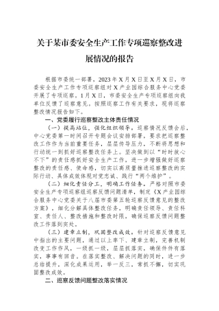 关于某市委安全生产工作专项巡察整改进展情况的报告.docx