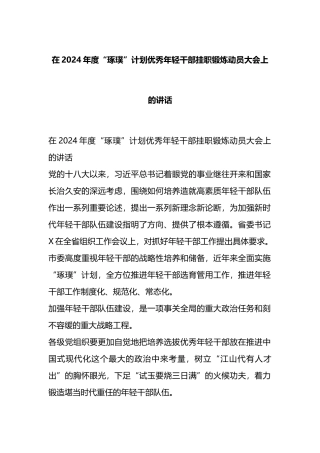 在2024年度“琢璞”计划优秀年轻干部挂职锻炼动员大会上的讲话.docx