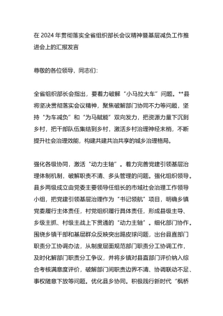 在2024年贯彻落实全省组织部长会议精神暨基层减负工作推进会上的汇报发言.docx