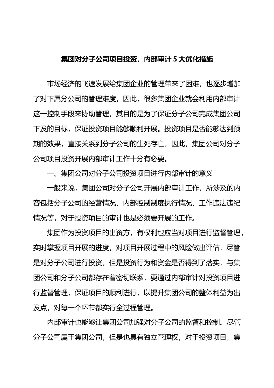 集团对分子公司项目投资，内部审计5大优化措施.docx_第1页