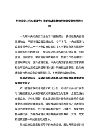纪检监察工作心得体会：推动统计监督和纪检监察监督贯通协同.docx