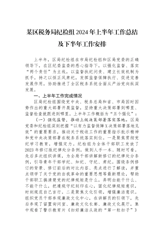 某区税务局纪检组2024年上半年工作总结及下半年工作安排.docx