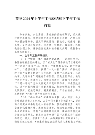 某乡2024年上半年工作总结和下半年工作打算.docx
