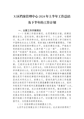 X区档案管理中心2024年上半年工作总结及下半年的工作计划.docx