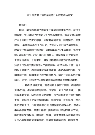 在干部大会上宣布某同志任职时的讲话范文.docx