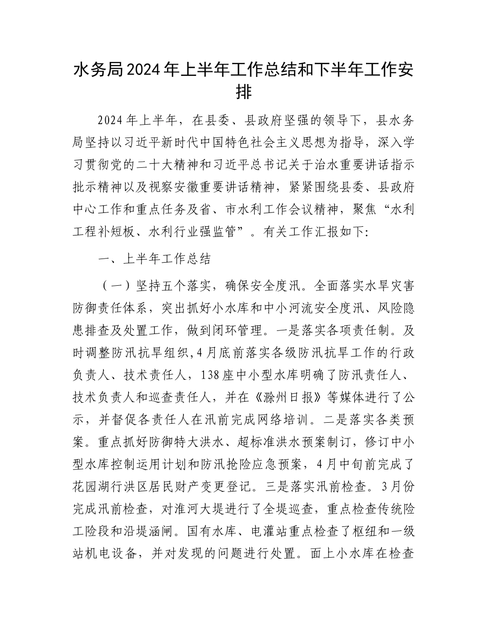 水务局2024年上半年工作总结和下半年工作安排.docx_第1页