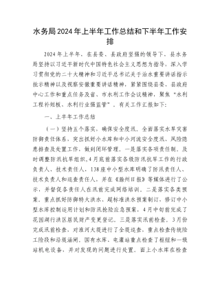 水务局2024年上半年工作总结和下半年工作安排.docx