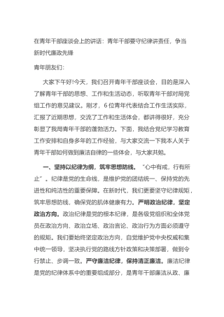 在青年干部座谈会上的讲话：青年干部要守纪律讲责任，争当新时代廉政先锋.docx
