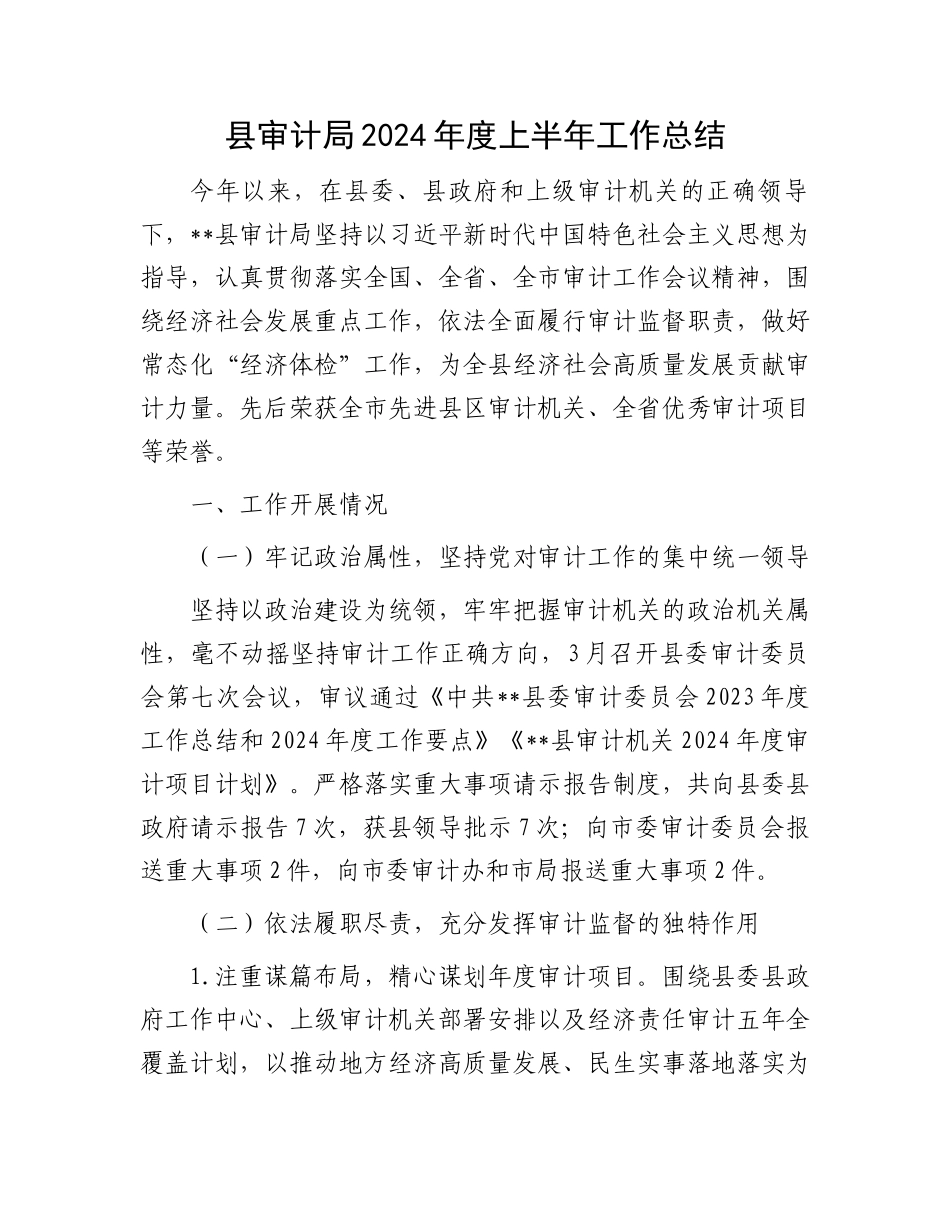 县审计局2024年度上半年工作总结.docx_第1页