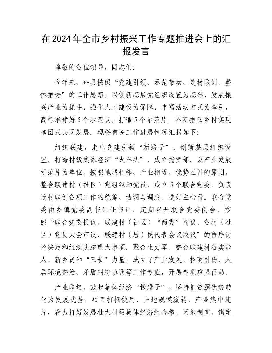 在2024年全市乡村振兴工作专题推进会上的汇报发言.docx_第1页