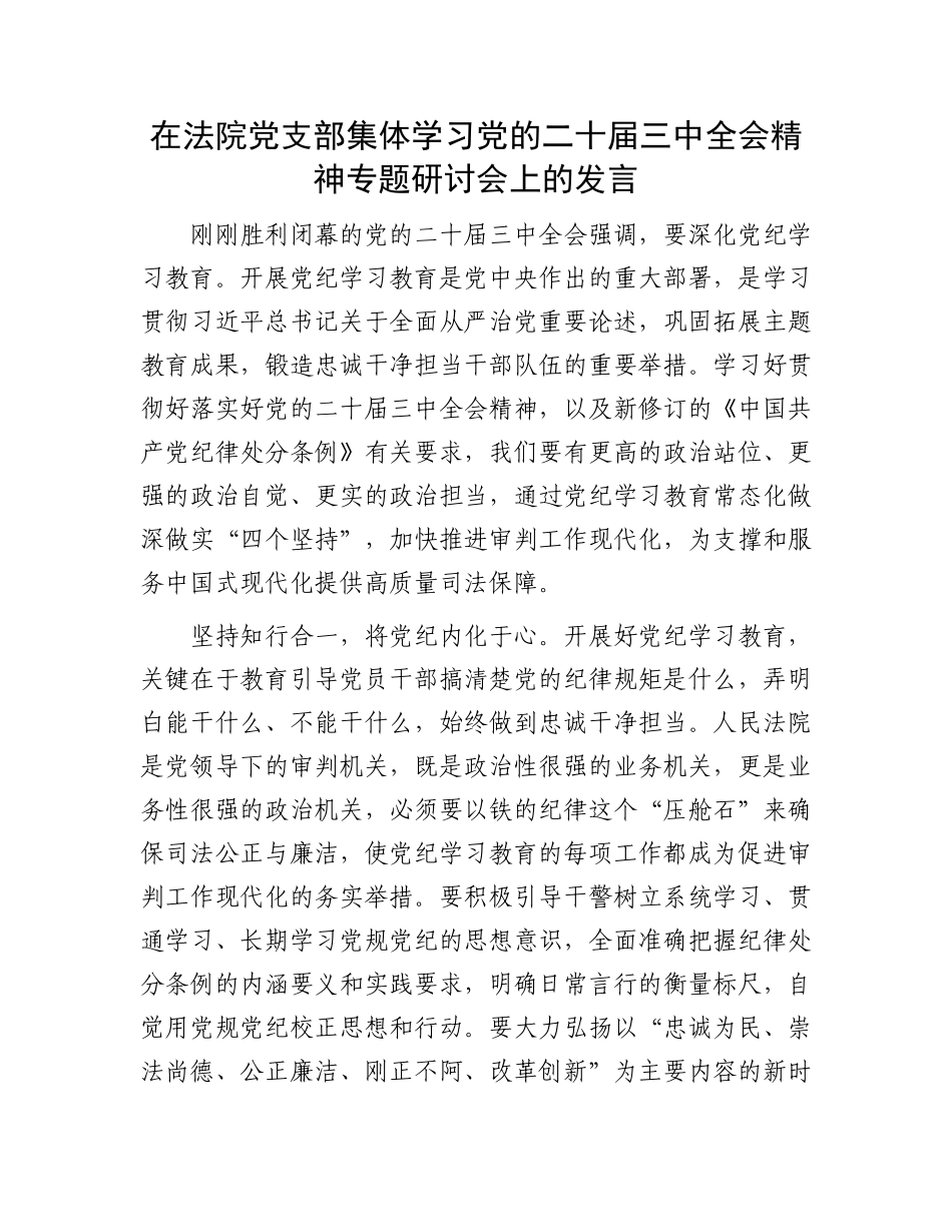 在法院党支部集体学习党的二十届三中全会精神专题研讨会上的发言.docx_第1页