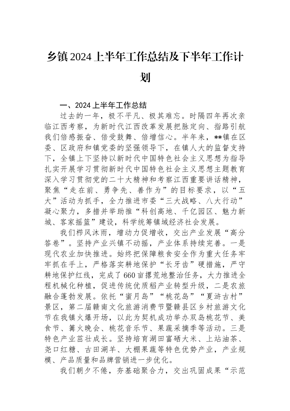 乡镇2024上半年工作总结及下半年工作计划.docx_第1页