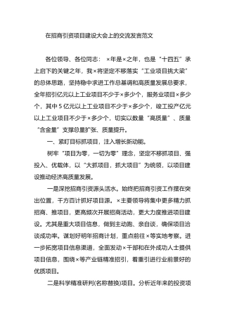 在招商引资项目建设大会上的交流发言范文.docx