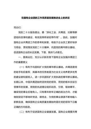在国有企业团的工作高质量发展推进会上的讲话.docx
