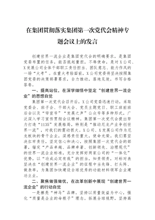 在集团贯彻落实集团第一次党代会精神专题会议上的发言.docx