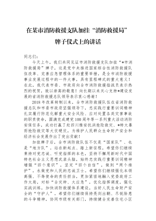 在某市消防救援支队加挂“消防救援局”牌子仪式上的讲话.docx