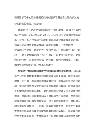 在理论学习中心组中部崛起战略专题学习研讨会上的交流发言.docx