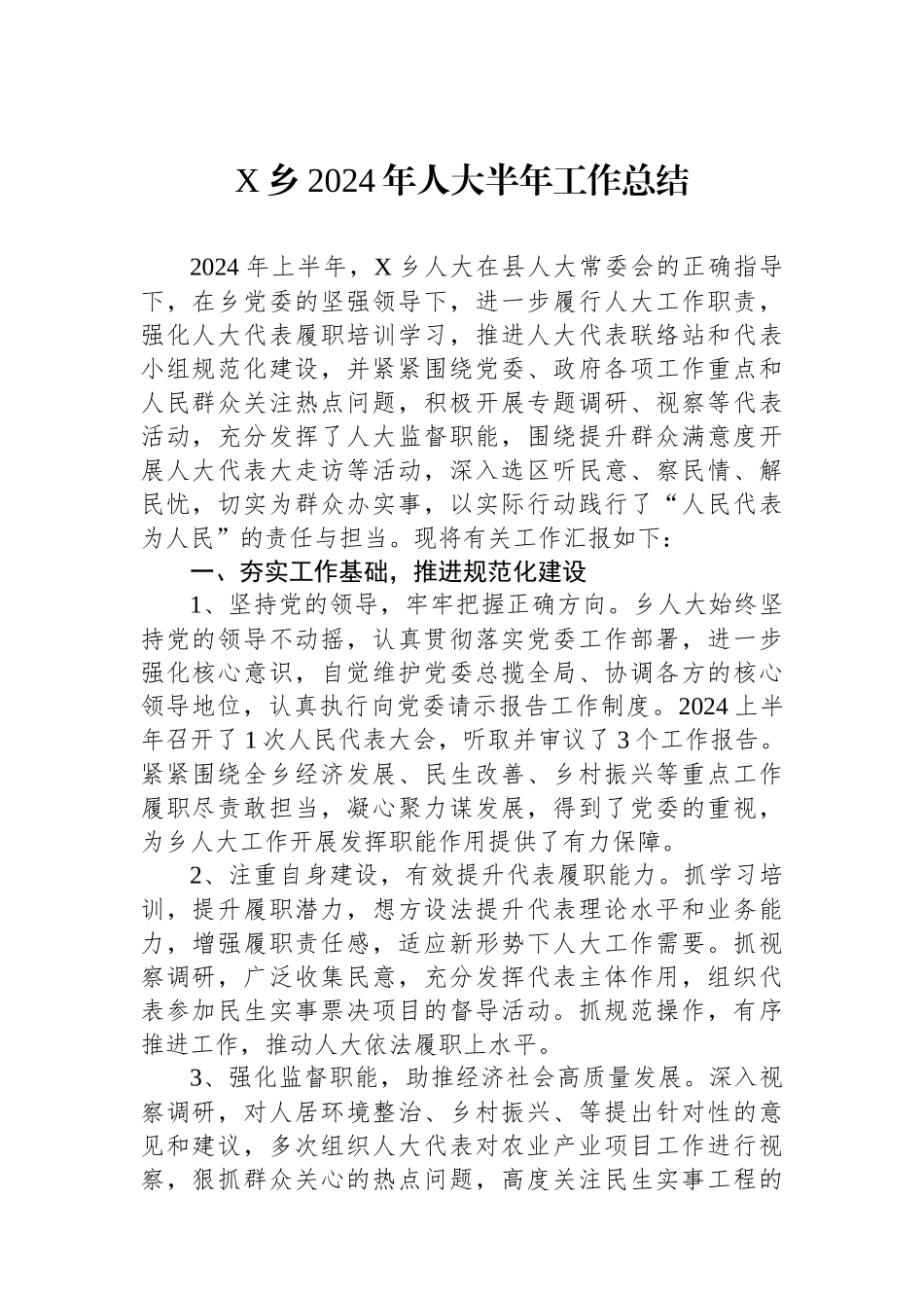 X乡2024年人大半年工作总结.docx_第1页