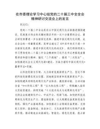 在市委理论学习中心组党的二十届三中全全会精神研讨交流会上的发言.docx