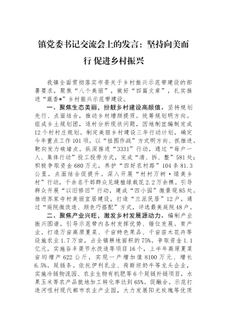 镇党委书记交流会上的发言：坚持向美而行促进乡村振兴.docx