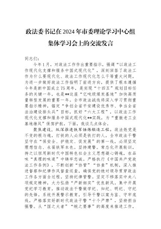 政法委书记在2024年市委理论学习中心组集体学习会上的交流发言.docx