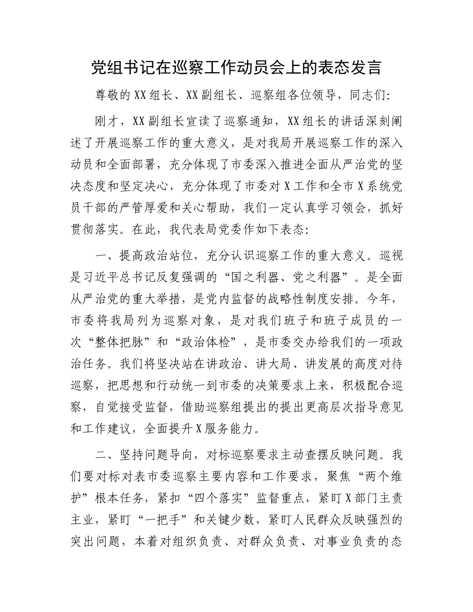 党组书记在巡察工作动员会上的表态发言.docx_第1页