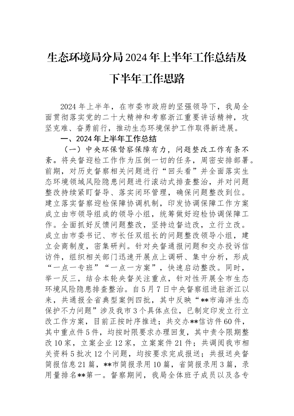 生态环境局分局2024年上半年工作总结及下半年工作思路.docx_第1页