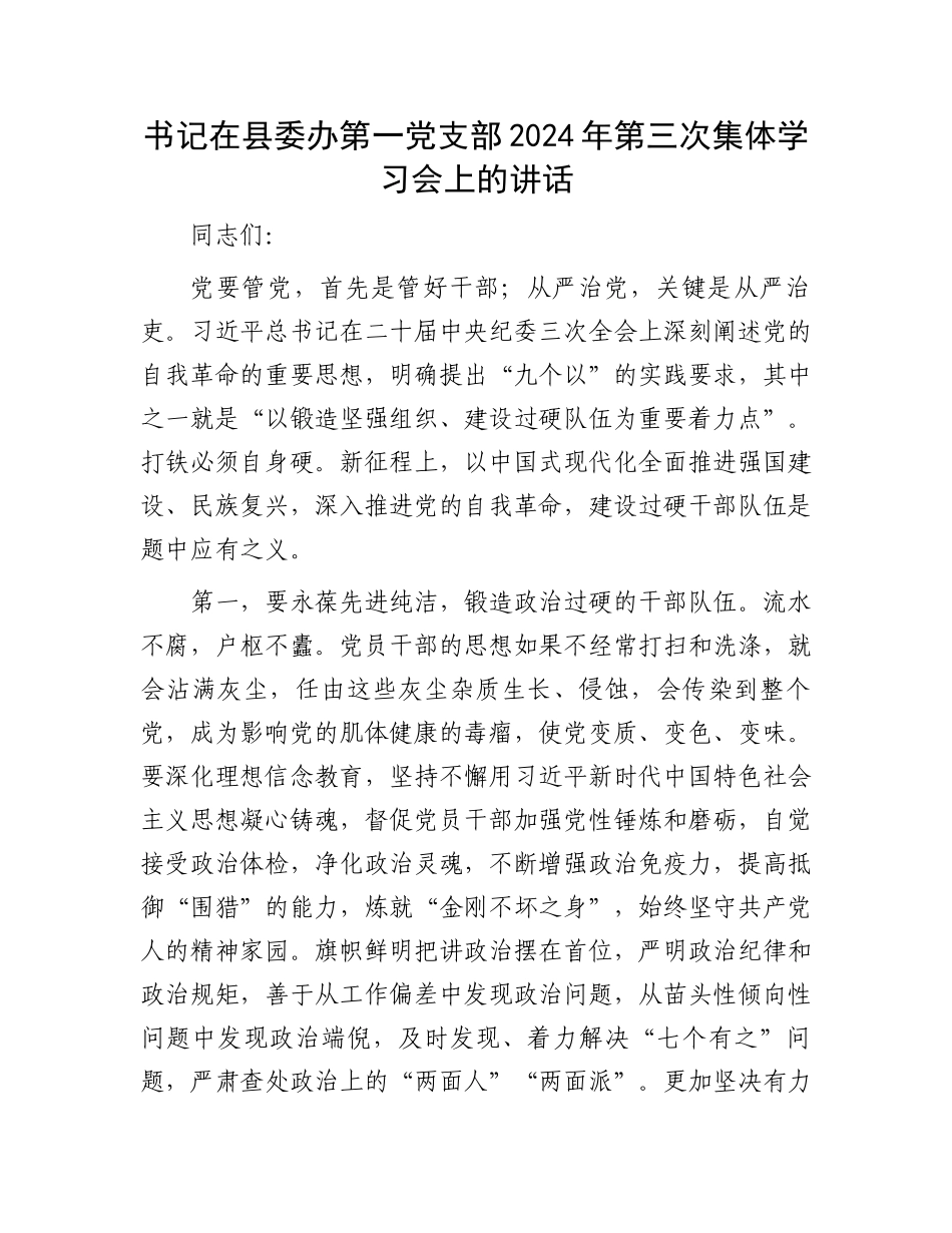书记在县委办第一党支部2024年第三次集体学习会上的讲话.docx_第1页