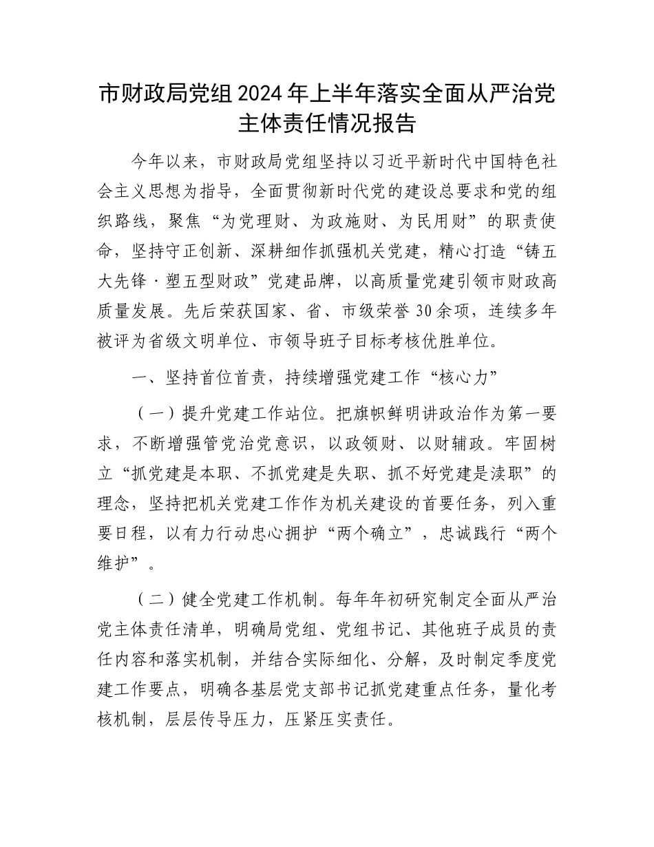 市财政局党组2024年上半年落实全面从严治党主体责任情况报告.docx_第1页