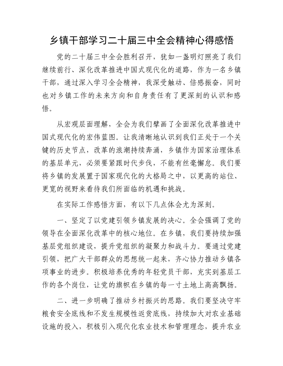 乡镇干部学习二十届三中全会精神心得感悟.docx_第1页
