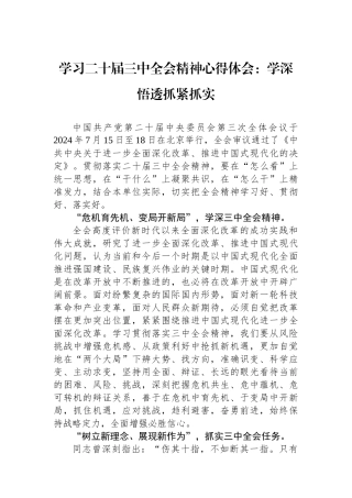 学习二十届三中全会精神心得体会：学深悟透抓紧抓实.docx
