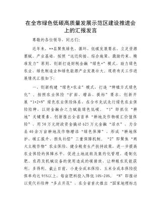 在全市绿色低碳高质量发展示范区建设推进会上的汇报发言.docx
