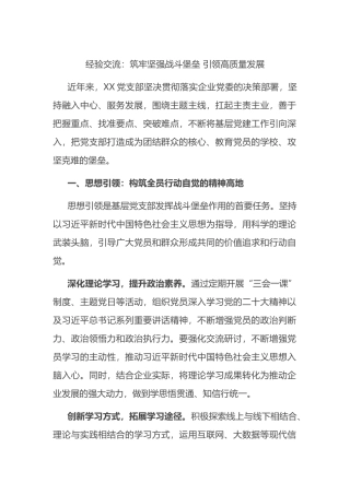 经验交流：筑牢坚强战斗堡垒+引领高质量发展.docx