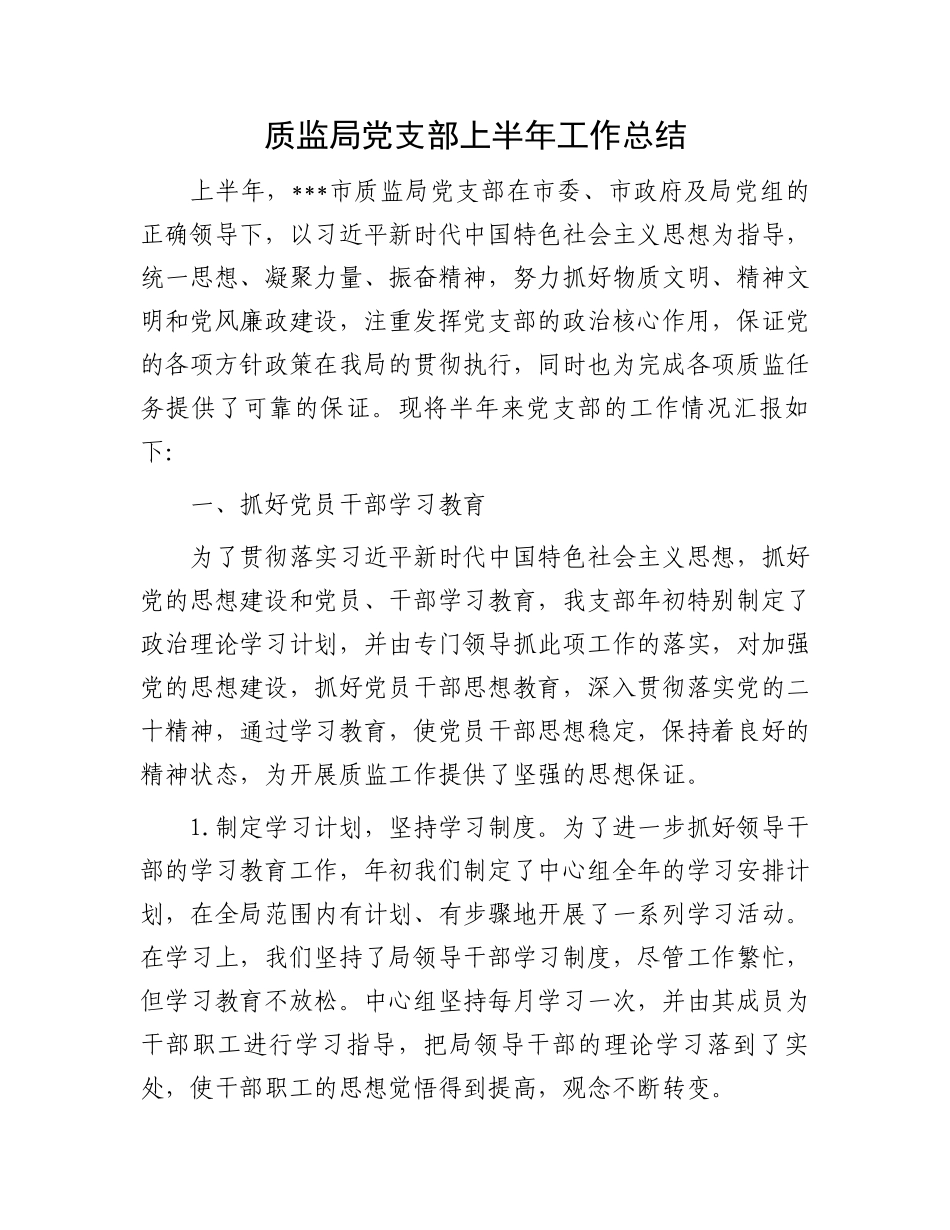 质监局党支部上半年工作总结.docx_第1页