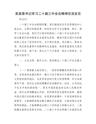 某县委书记学习二十届三中全会精神交流发言.docx